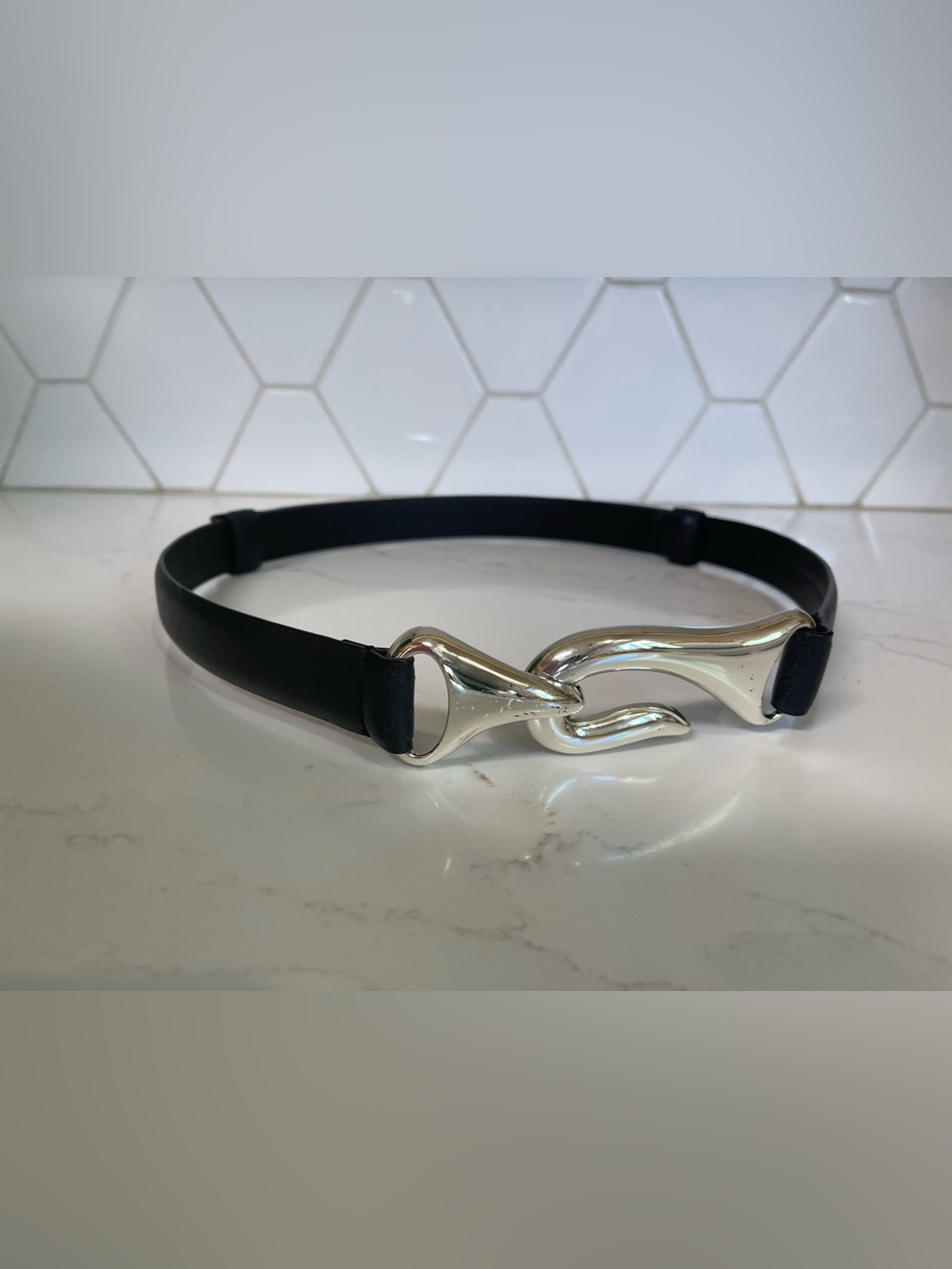 Chico's Black Leather Adjustable 1" Wide Belt with Stylish Silver Hook Closure